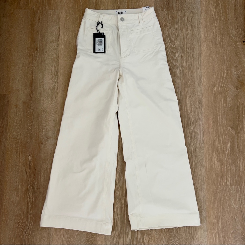 NWT- PAIGE Harper High Rise Ankle Wide Leg Jean- Tonal Ecru Distressed Size 27
